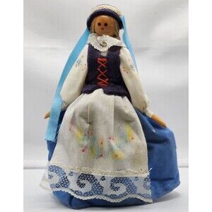 Vintage Wooden Peg Doll Handmade in Poland Blue White Red Floral 7.25"